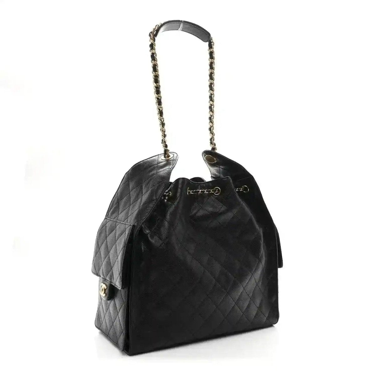 Black quilted caviar flap handbag with chain shoulder strap and side pocket detail