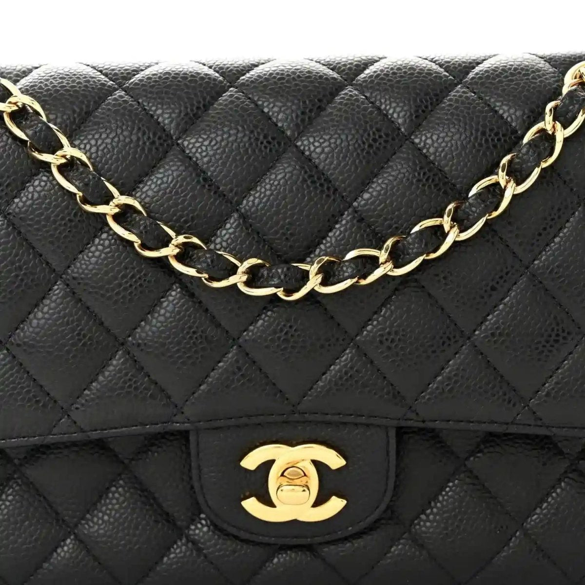 Chanel quilted caviar leather medium double flap bag with gold chain and CC clasp