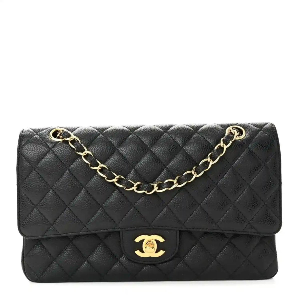 Chanel caviar leather medium double flap bag with gold chain strap and CC logo
