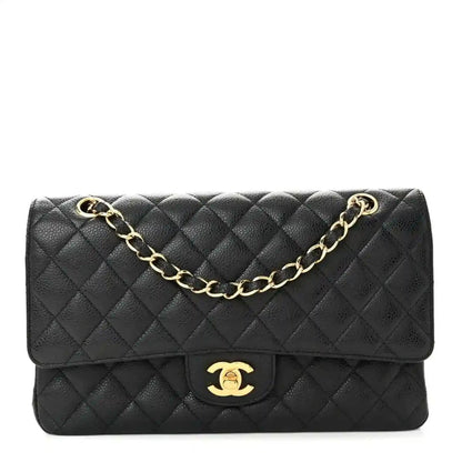 Chanel caviar leather medium double flap bag with gold chain strap and CC logo