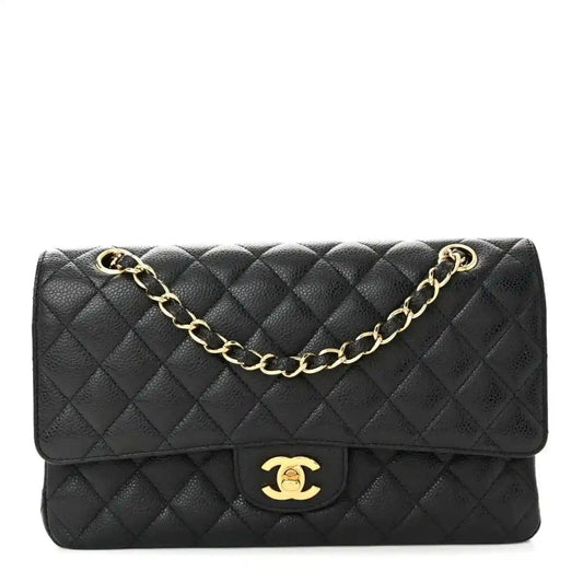 Chanel caviar leather medium double flap bag with gold chain strap and CC logo