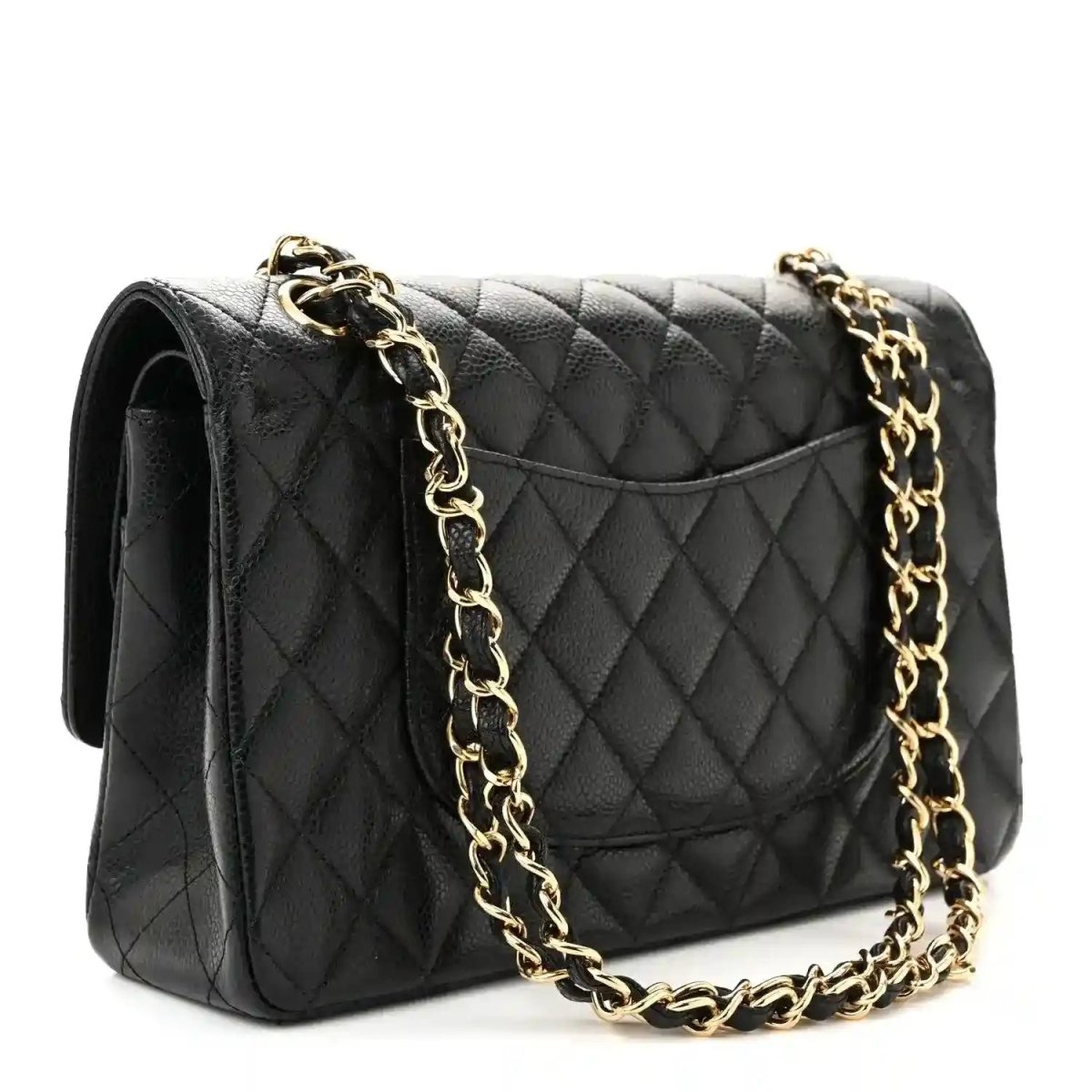 Chanel quilted caviar leather medium double flap bag with gold chain strap, side view