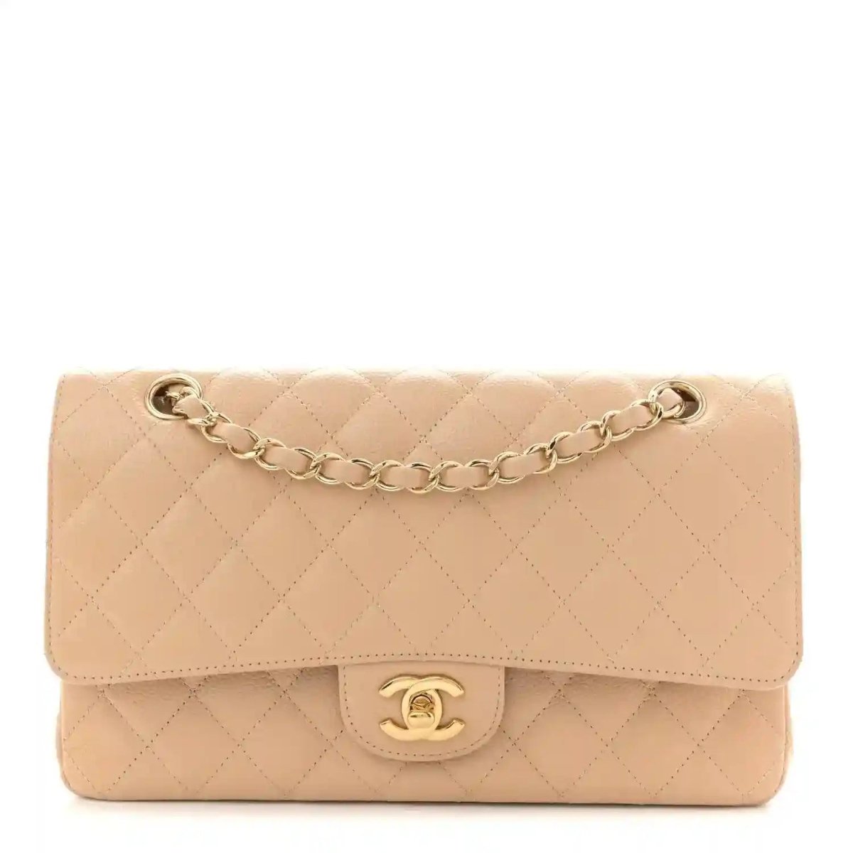 Beige quilted leather double flap bag with chain strap and gold CC turn-lock clasp