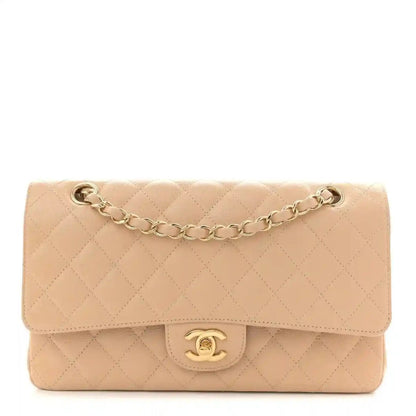 Beige quilted leather double flap bag with chain strap and gold CC turn-lock clasp