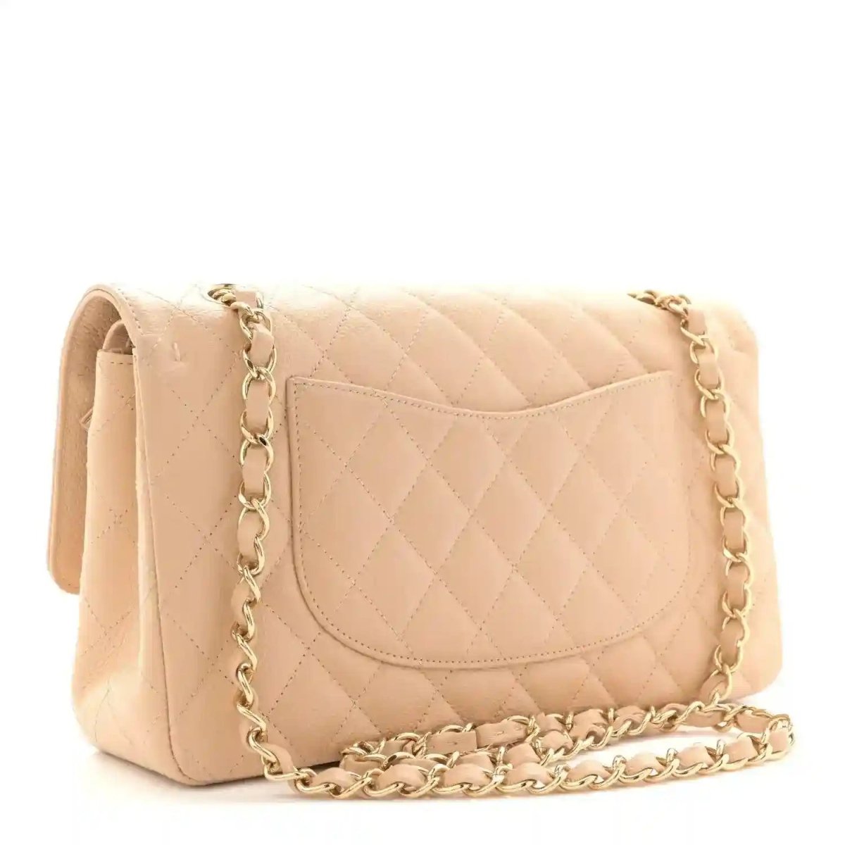 Beige quilted leather double flap bag with chain strap and curved flap pocket