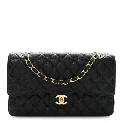 Chanel caviar quilted medium double flap bag in black with gold chain strap