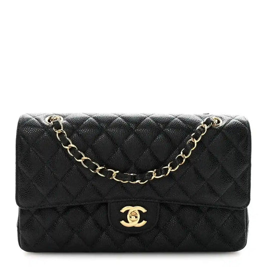 Chanel caviar quilted medium double flap bag in black with gold chain strap