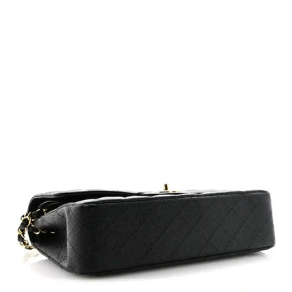 Chanel caviar quilted medium double flap bag in black, back and base view
