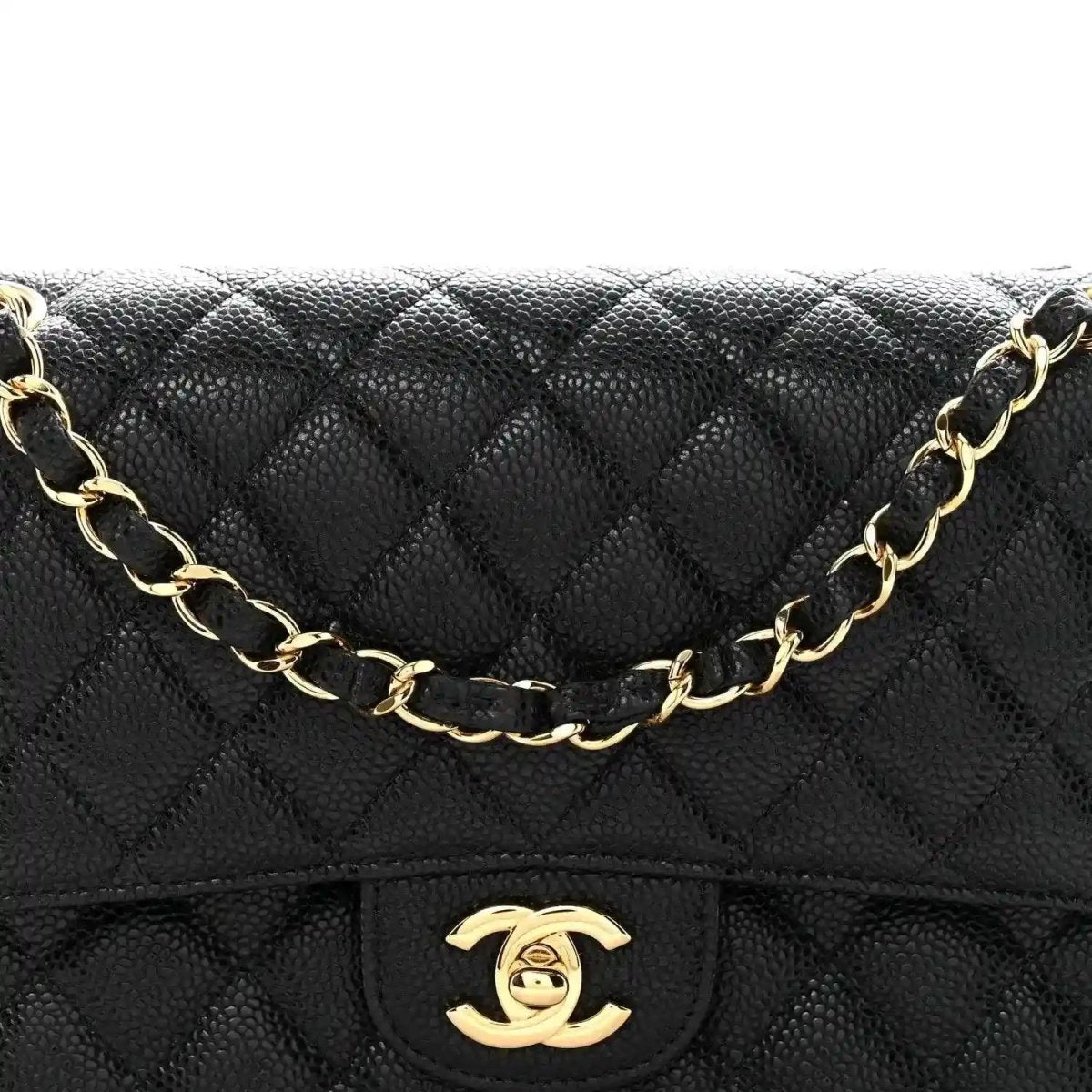 Chanel caviar quilted medium double flap bag in black with gold chain and CC flap