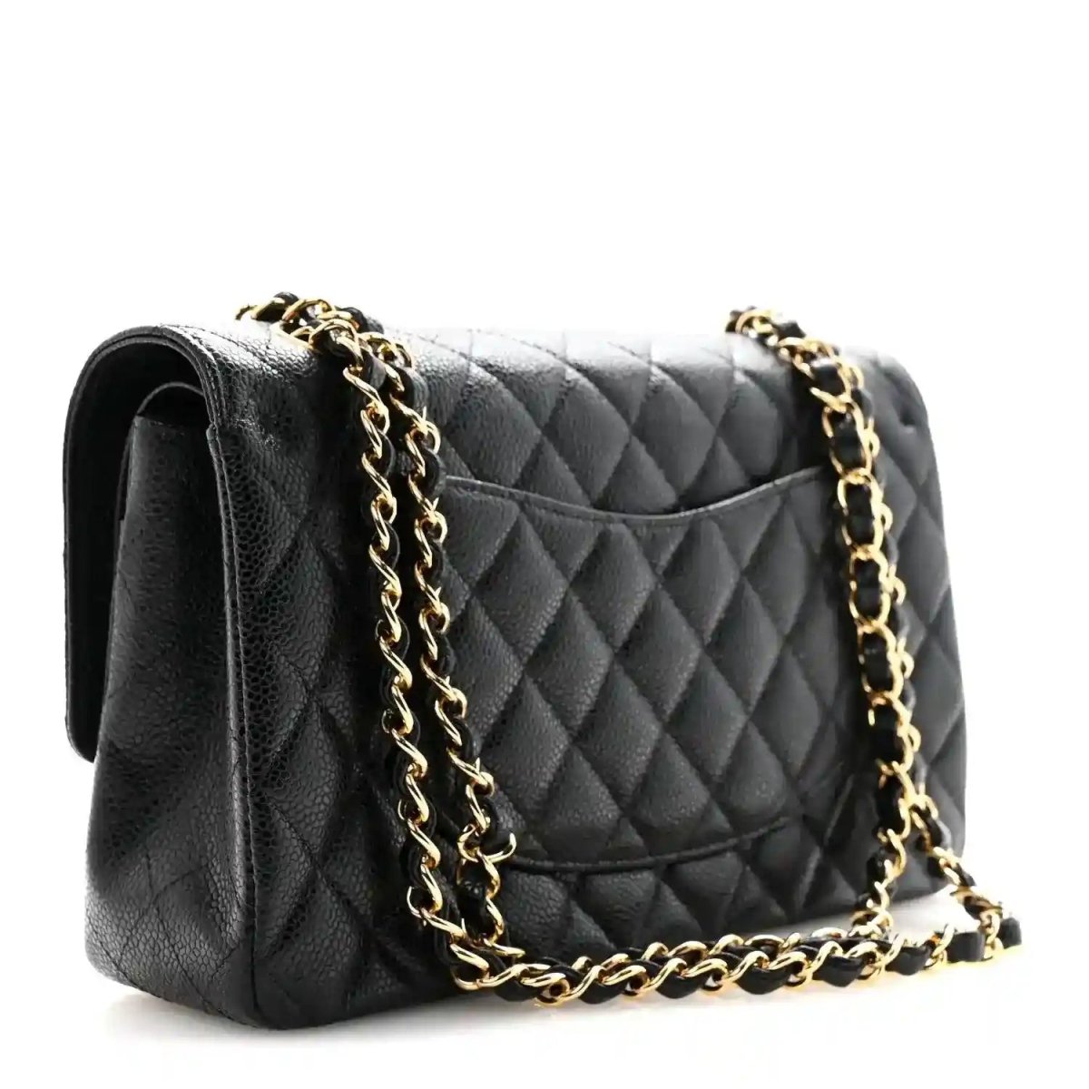 Chanel caviar quilted medium double flap bag in black, side view with gold chain