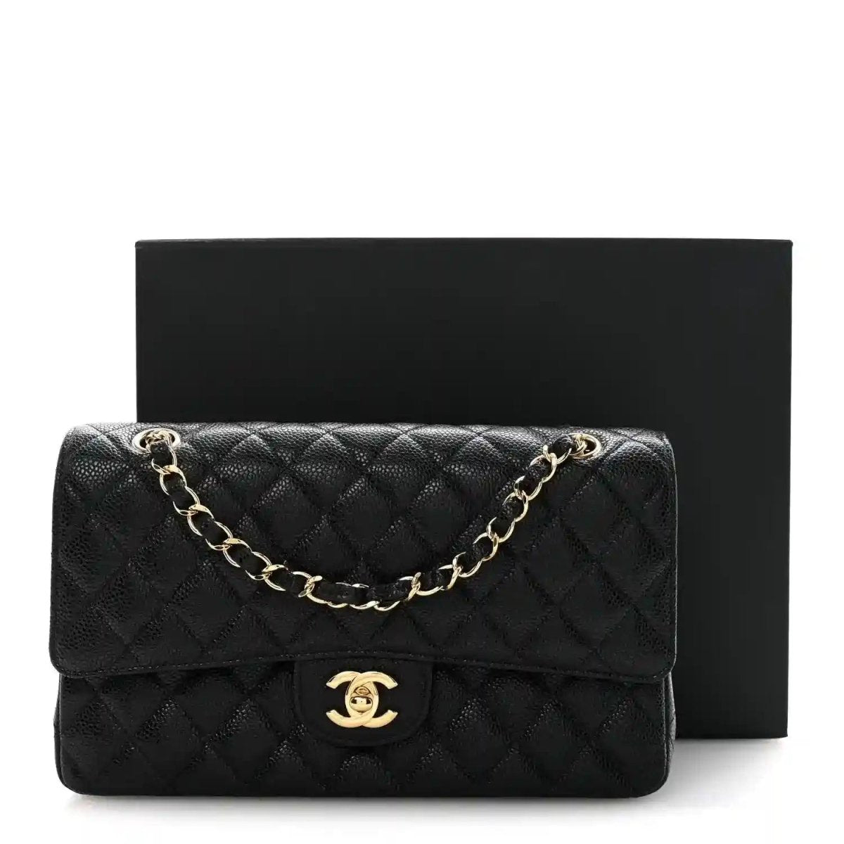 Black caviar quilted double flap bag with chain strap and CC logo on front flap