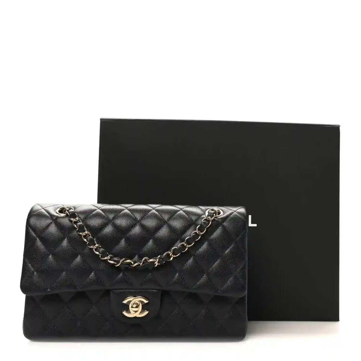 Quilted caviar leather double-flap bag with gold chain, CC turn-lock, and dust bag