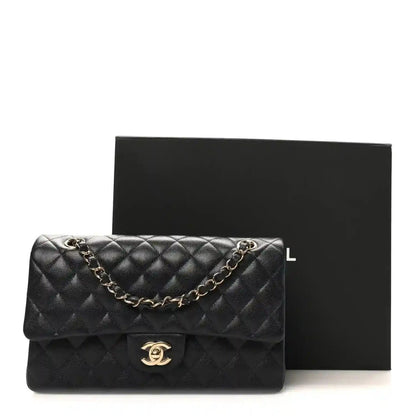 Quilted caviar leather double-flap bag with gold chain, CC turn-lock, and dust bag