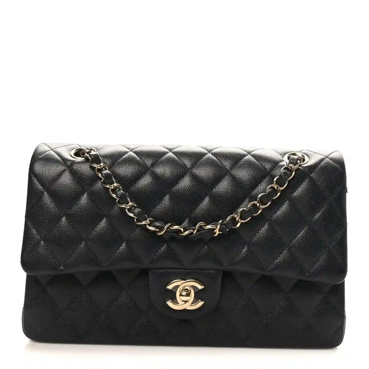 Quilted caviar leather double-flap bag with gold chain and CC logo clasp