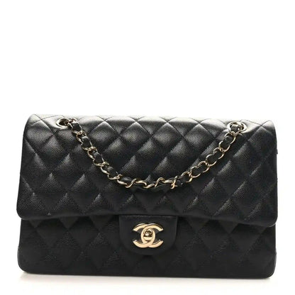 Quilted caviar leather double-flap bag with gold chain and CC logo clasp