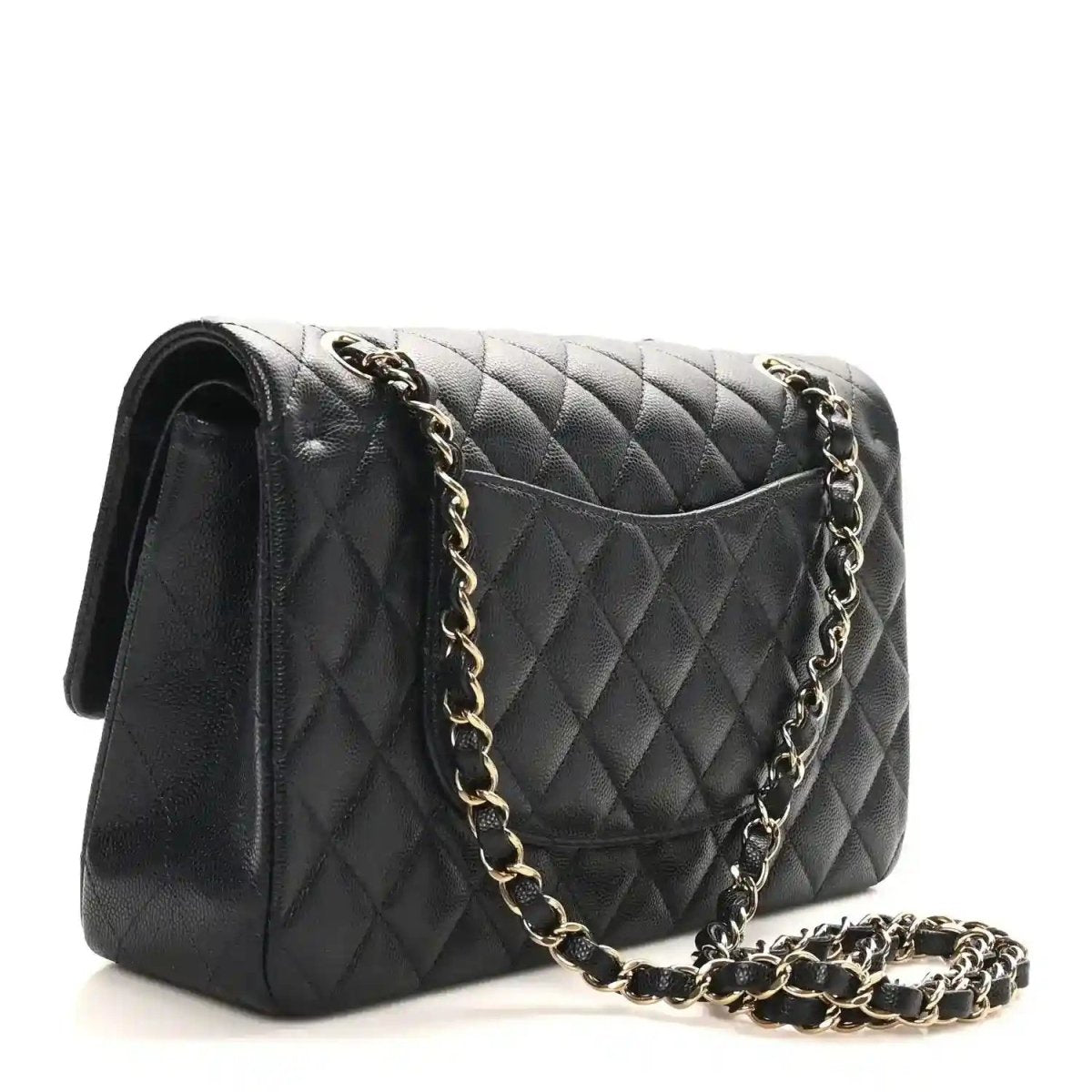 Quilted caviar leather bag with chain strap and open flap detail
