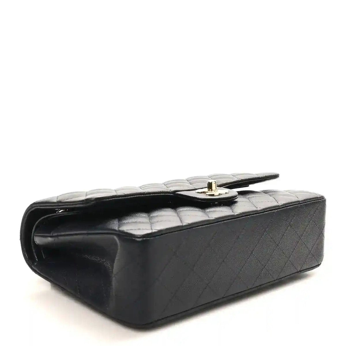 Quilted caviar leather flap bag with gold turn-lock and side view