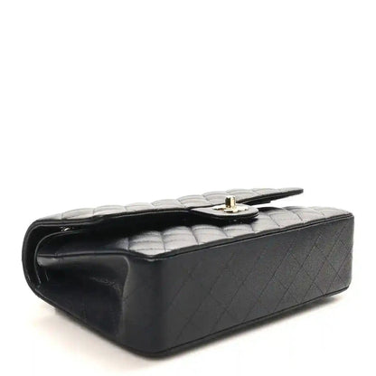 Quilted caviar leather flap bag with gold turn-lock and side view