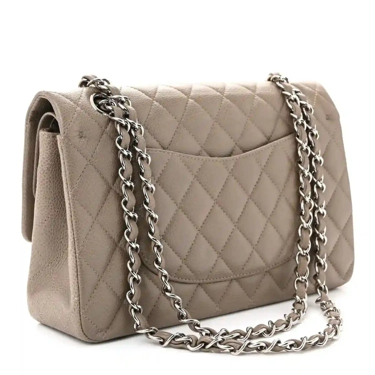 Chanel taupe quilted leather shoulder bag with silver chain strap and back panel view