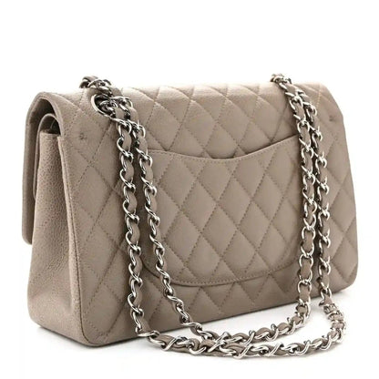 Chanel taupe quilted leather shoulder bag with silver chain strap and back panel view