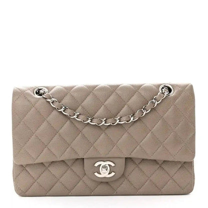 Chanel taupe quilted leather medium flap bag with silver chain strap and CC logo