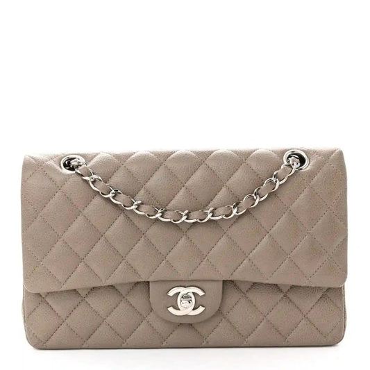 Chanel taupe quilted leather medium flap bag with silver chain strap and CC logo