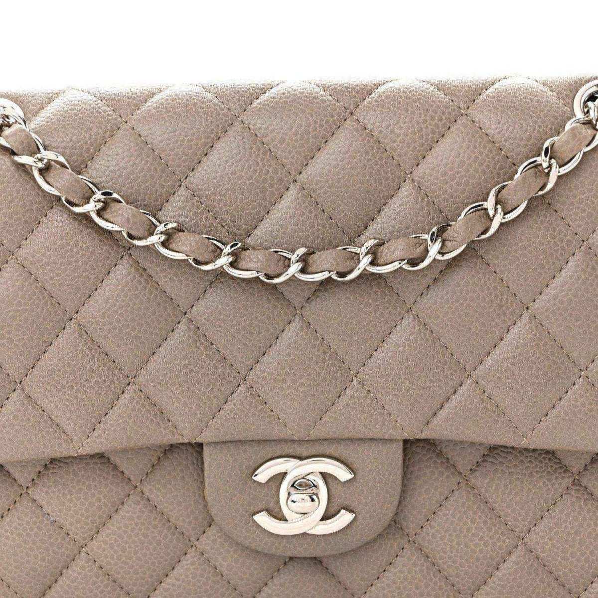 Chanel taupe quilted leather flap bag with silver chain strap and CC turn-lock clasp