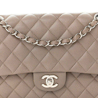 Chanel taupe quilted leather flap bag with silver chain strap and CC turn-lock clasp