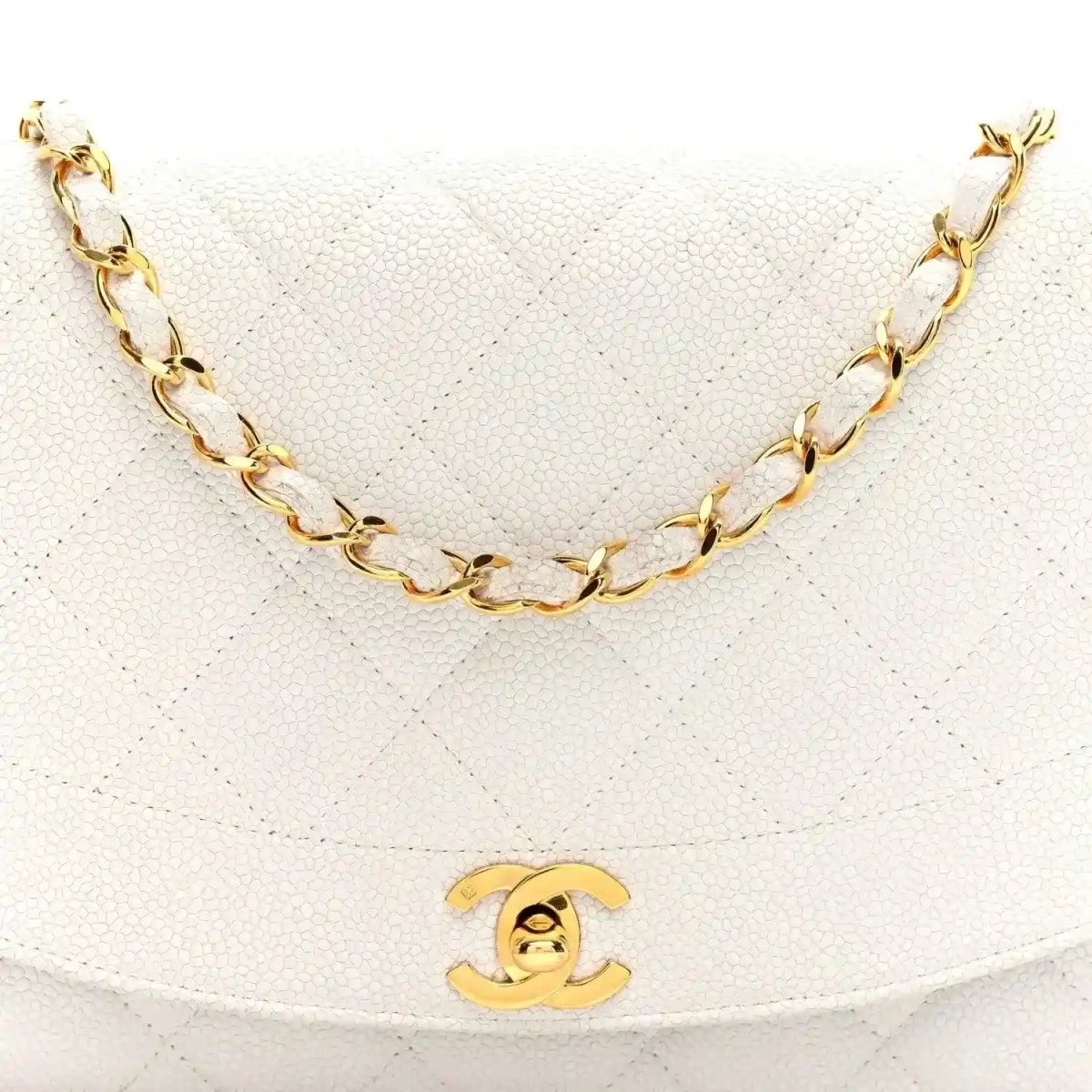 White quilted Chanel single-flap bag front with gold chain and CC logo