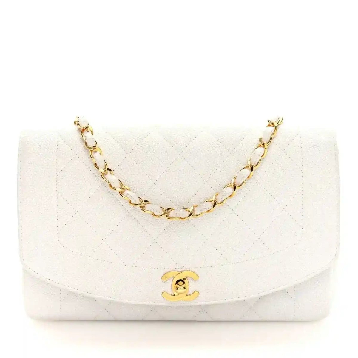 White Chanel caviar quilted medium single-flap bag with gold chain strap and logo