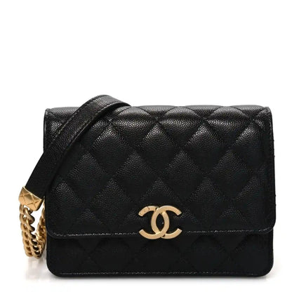 Chanel caviar quilted mini wallet on chain in black with gold CC clasp