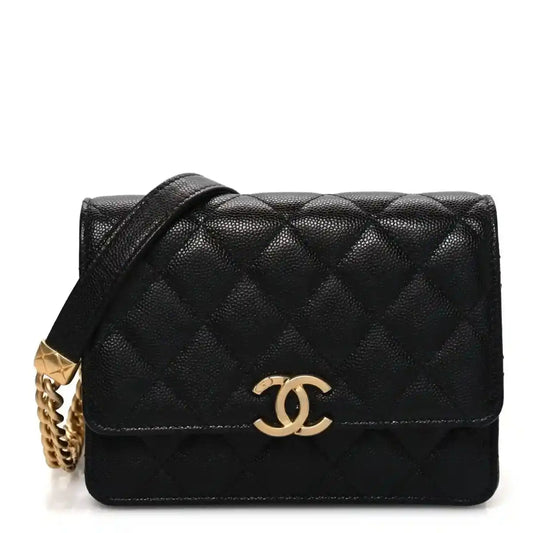 Chanel caviar quilted mini wallet on chain in black with gold CC clasp