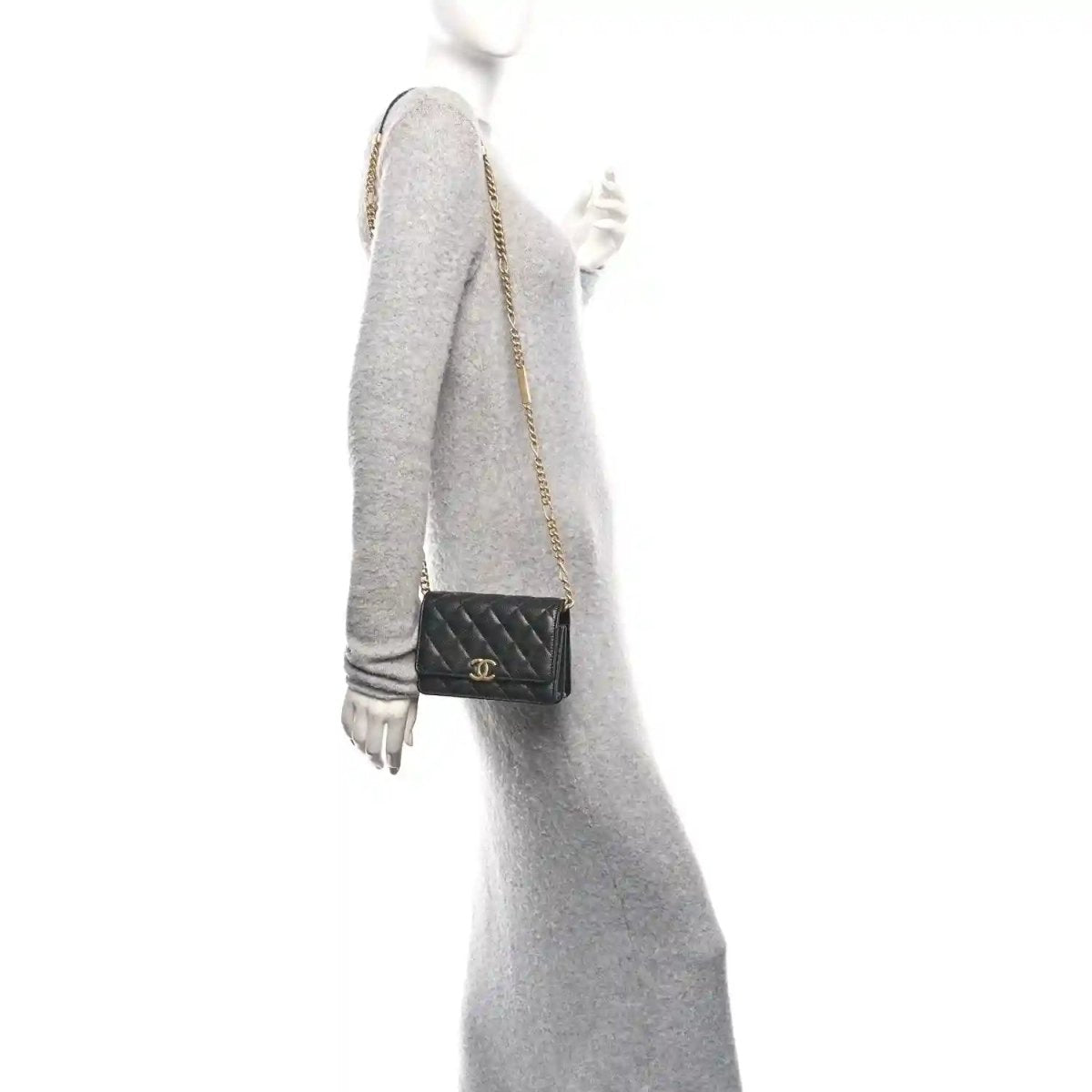Chanel caviar quilted mini wallet on chain worn on shoulder, black