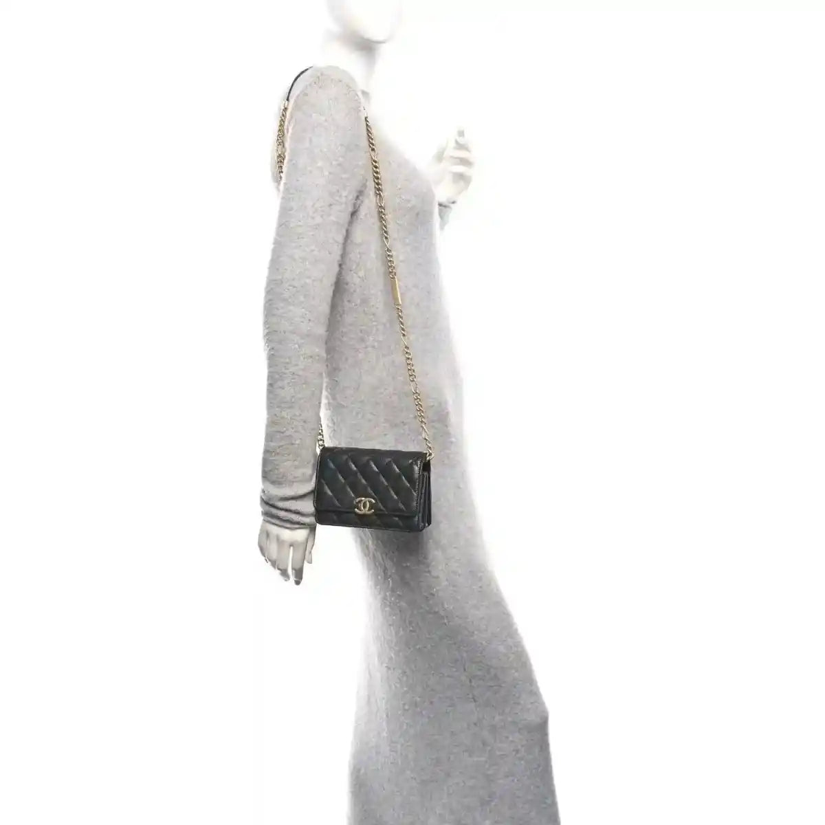 Chanel caviar quilted mini wallet on chain worn on shoulder, black