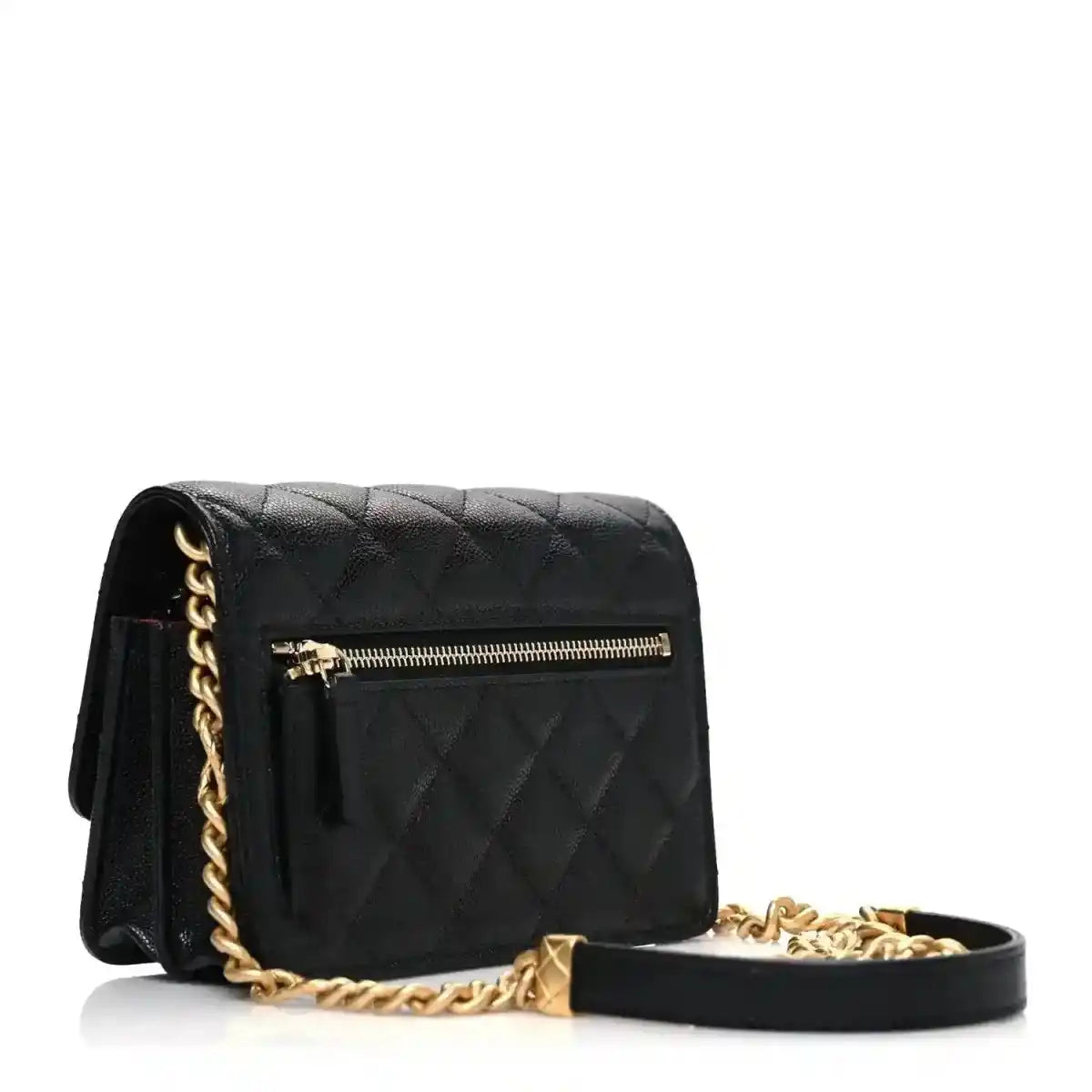 Chanel caviar quilted mini wallet on chain with gold zipper and chain strap
