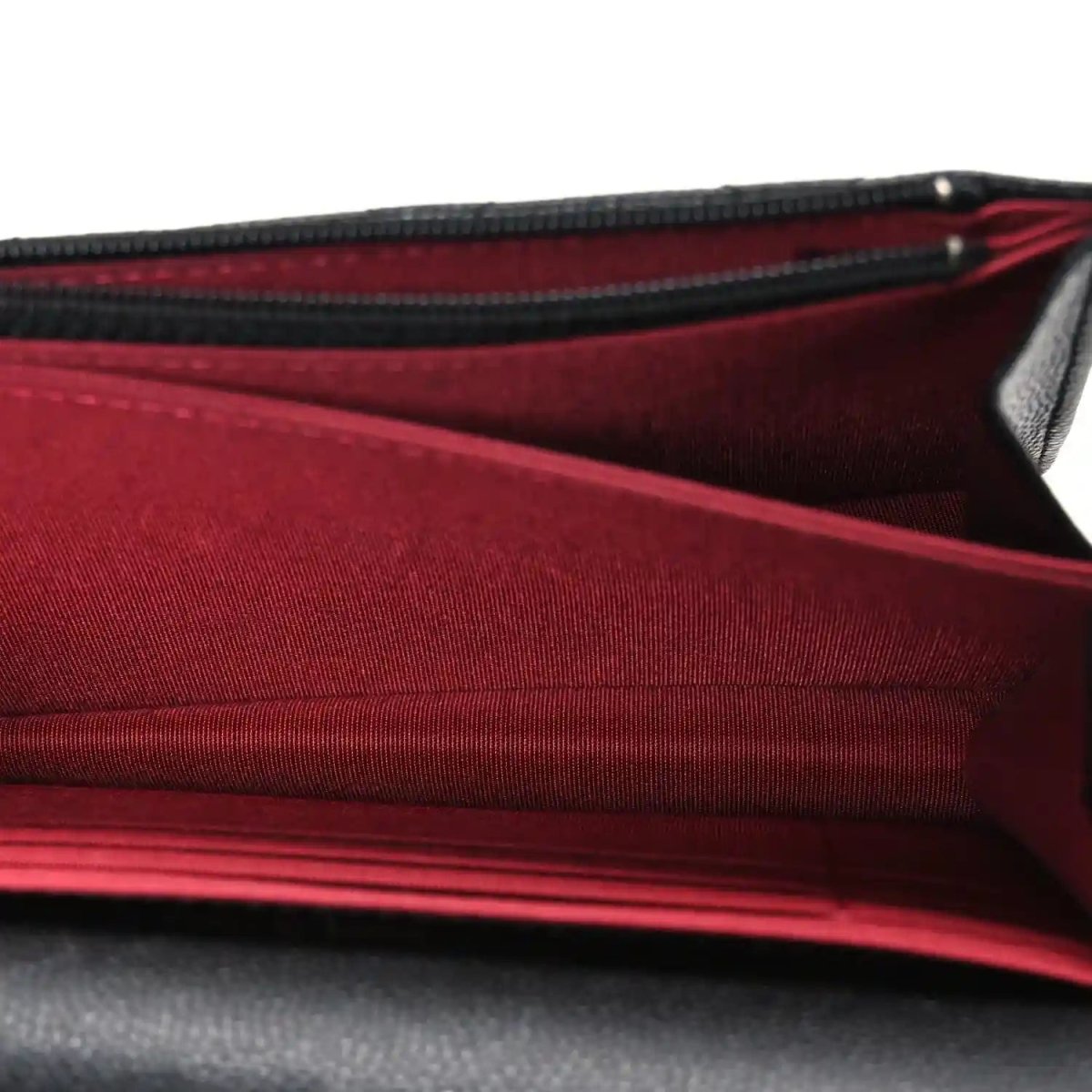 Chanel mini wallet on chain showing burgundy interior lining and zip opening