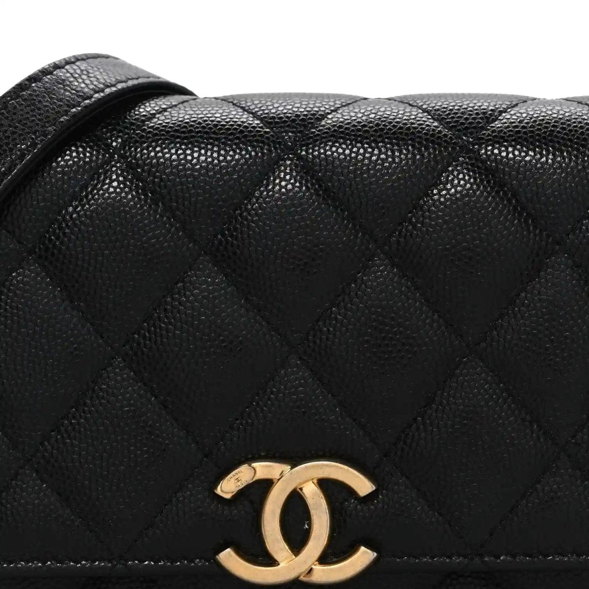 Chanel caviar quilted mini wallet on chain front with gold CC emblem