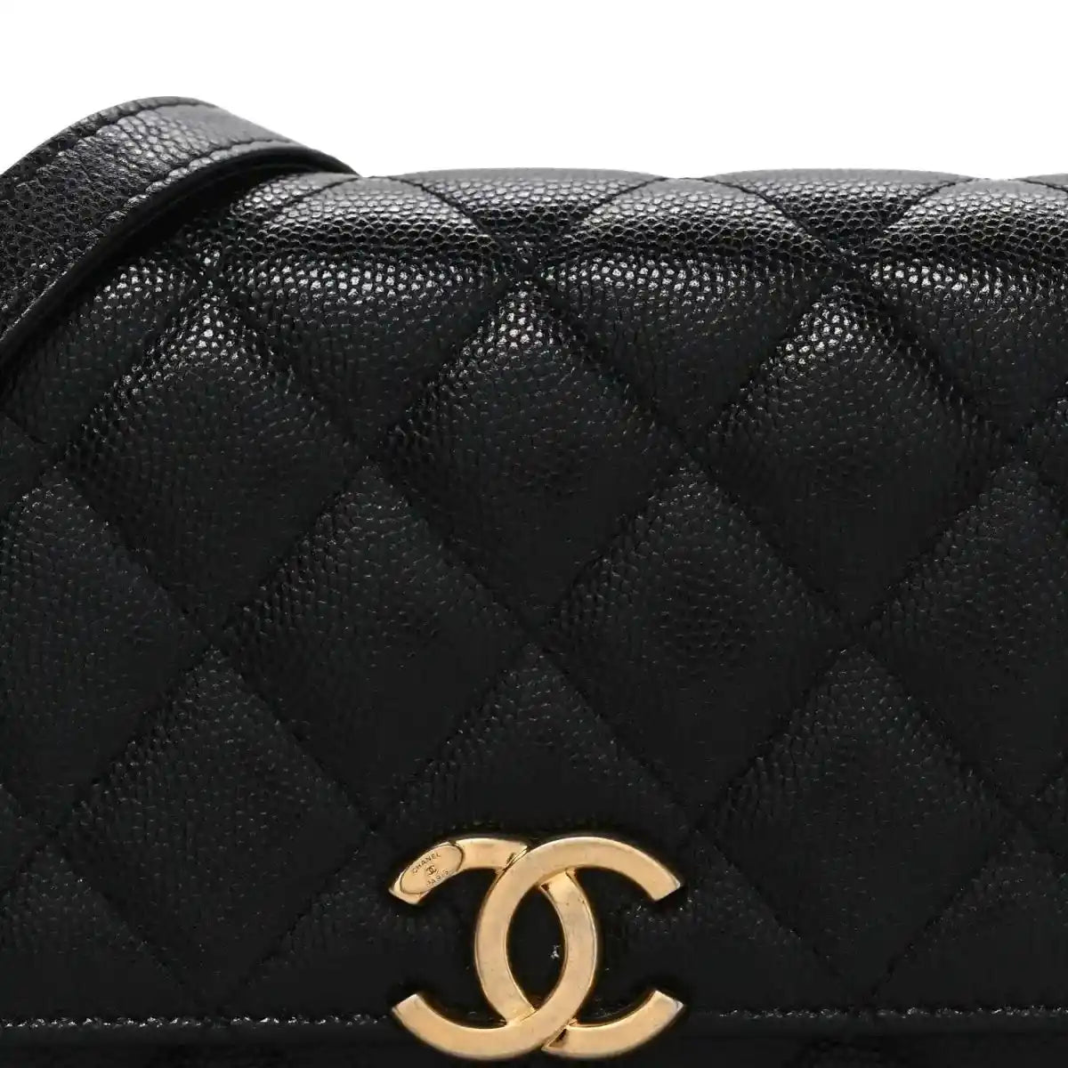 Chanel caviar quilted mini wallet on chain front with gold CC emblem