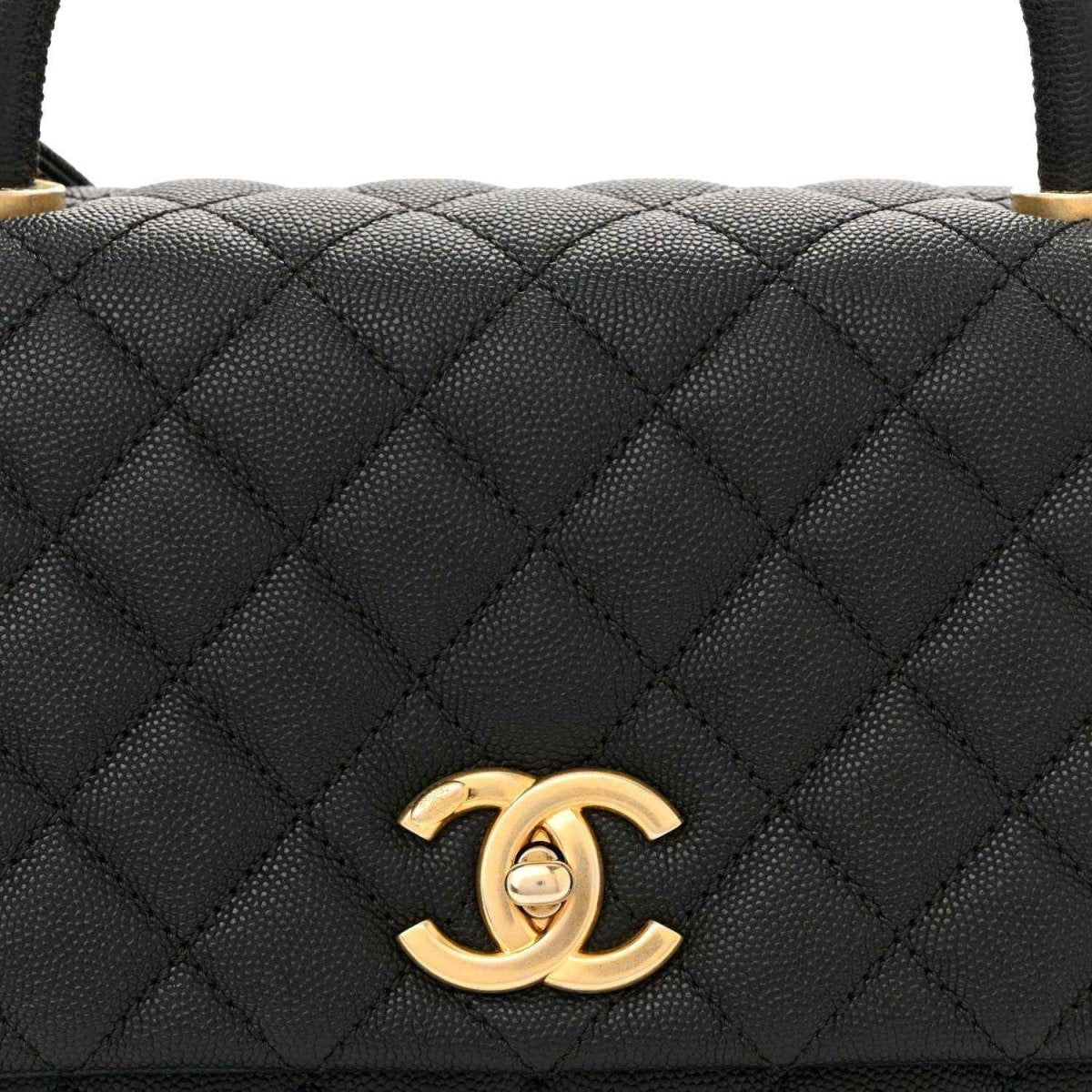 Black quilted leather flap bag with gold Chanel CC logo on the front flap.