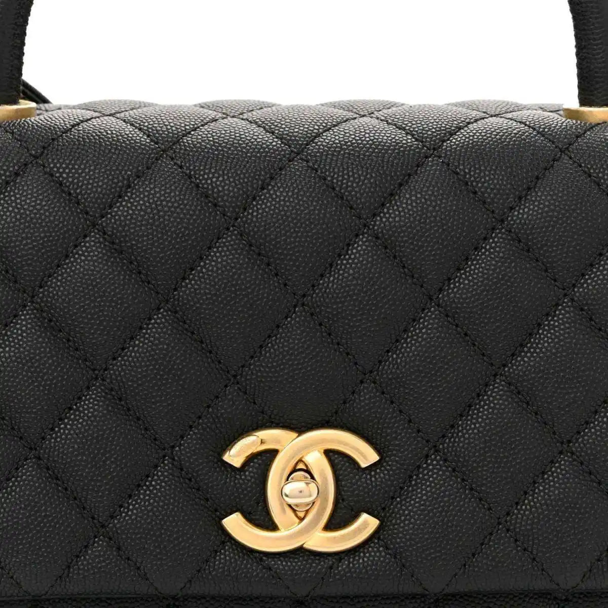 Black quilted leather flap bag with gold Chanel CC logo on the front flap.