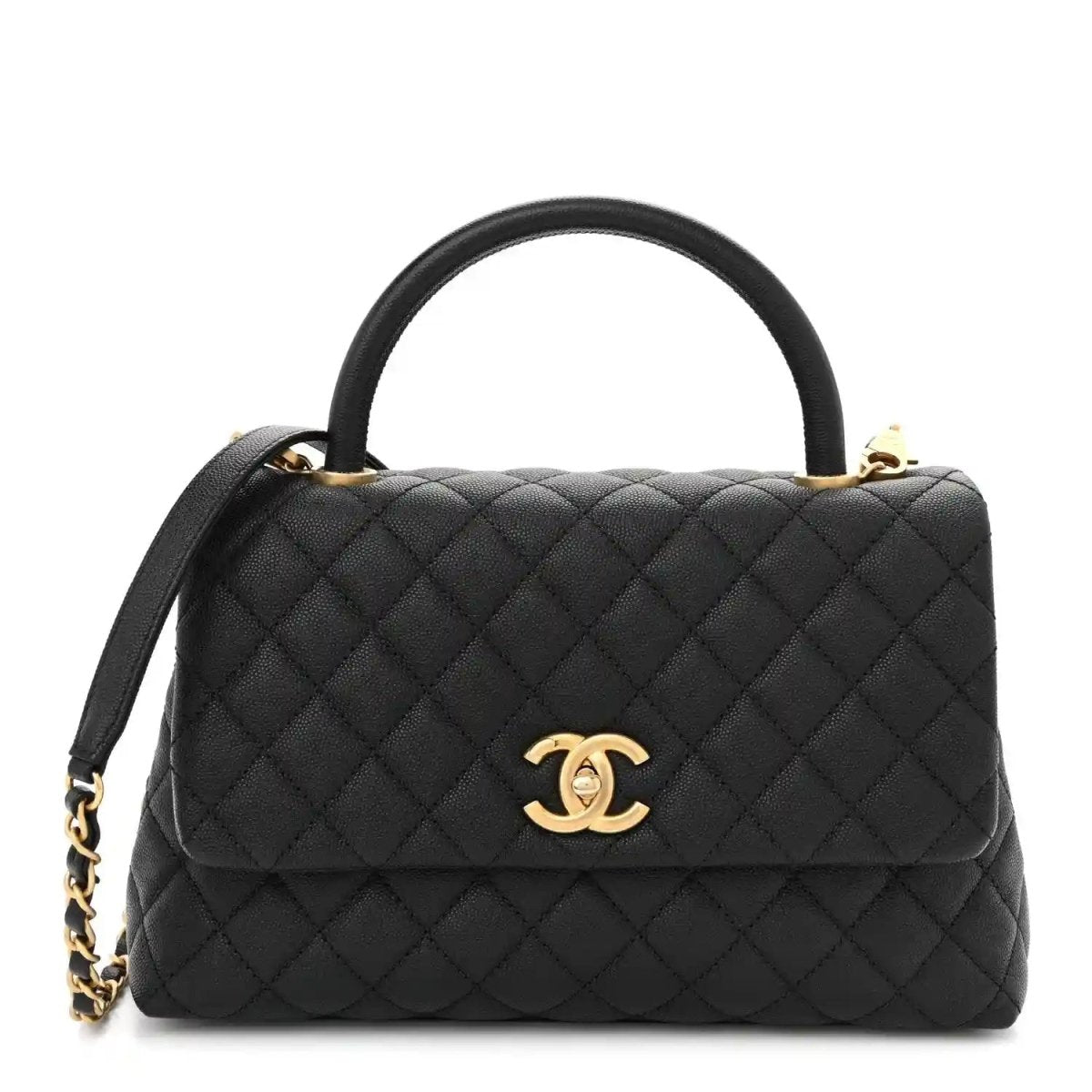 Black quilted small flap bag with gold Chanel logo, top handle, and chain strap.