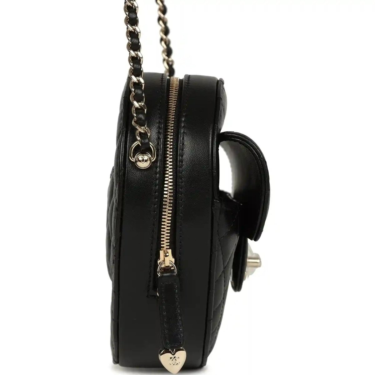 Chanel heart bag side view with chain strap, gold zipper, black quilted lambskin