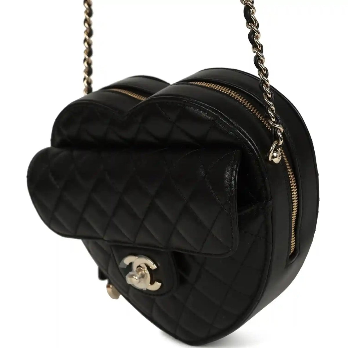 Chanel heart crossbody bag, quilted lambskin, gold zipper, CC logo on front, black