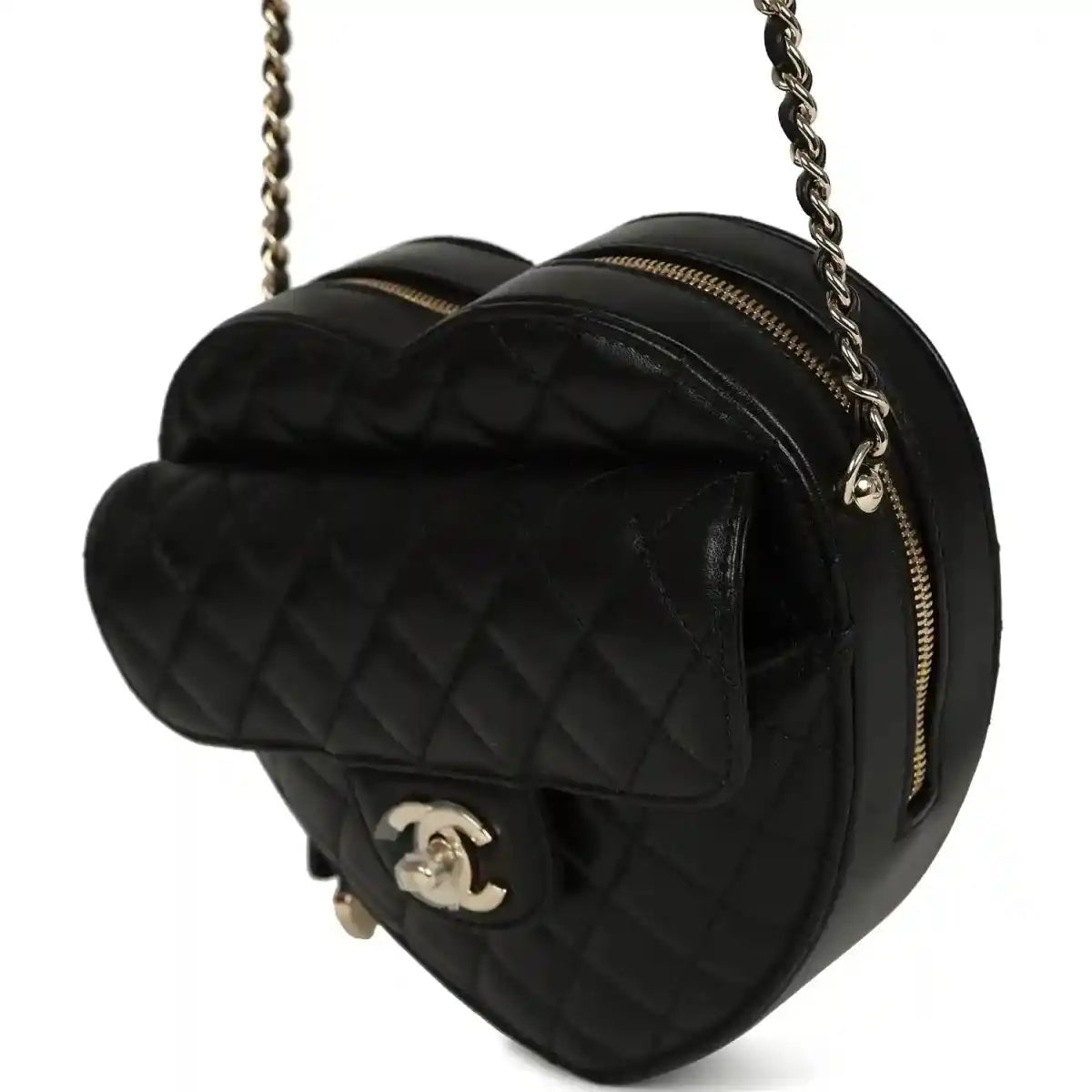 Chanel heart crossbody bag, quilted lambskin, gold zipper, CC logo on front, black
