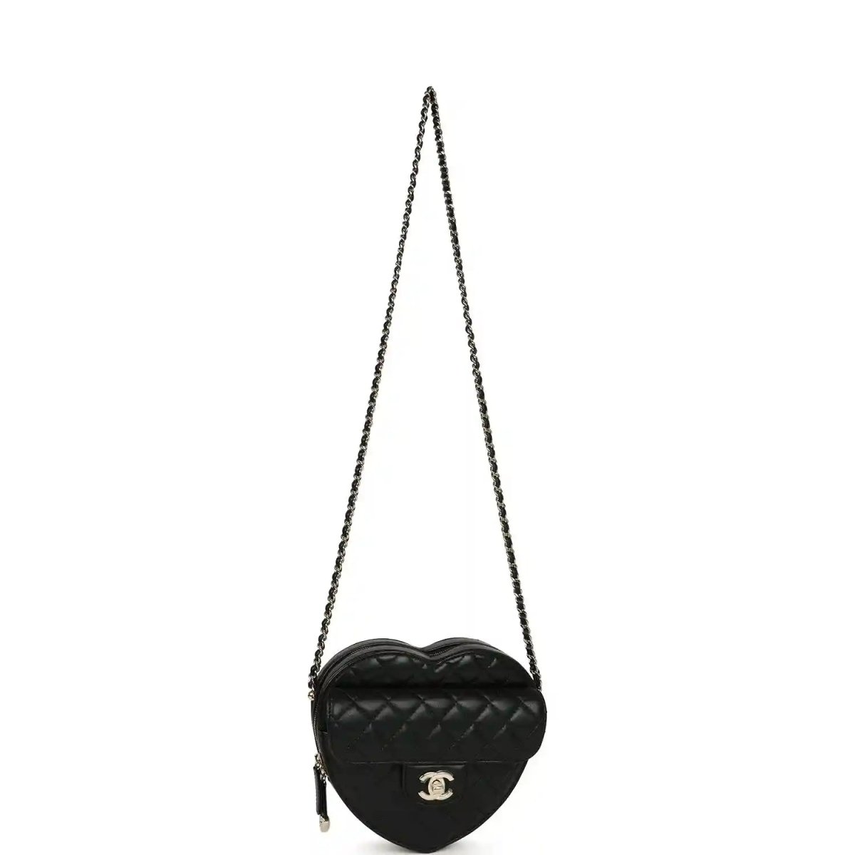 Chanel heart-shaped crossbody bag with chain strap, quilted lambskin, black