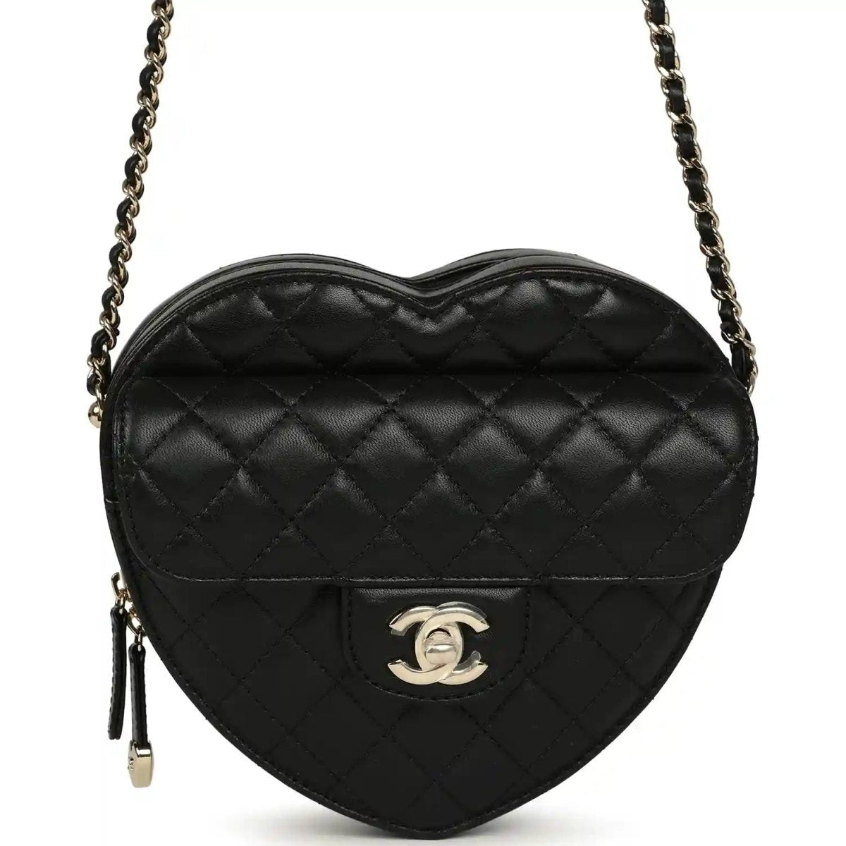 Chanel heart-shaped lambskin bag with quilted pattern, CC logo, chain strap, black