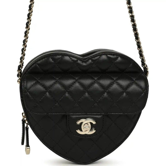 Chanel heart-shaped lambskin bag with quilted pattern, CC logo, chain strap, black