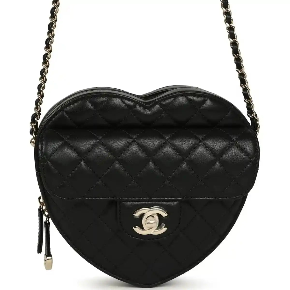 Chanel heart-shaped lambskin bag with quilted pattern, CC logo, chain strap, black