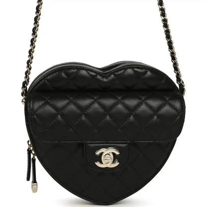 Chanel heart-shaped lambskin bag with quilted pattern, CC logo, chain strap, black