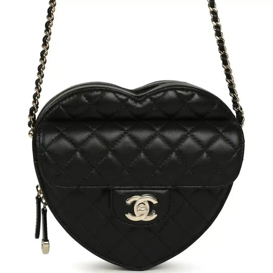 Chanel heart-shaped lambskin bag with quilted pattern, CC logo, chain strap, black
